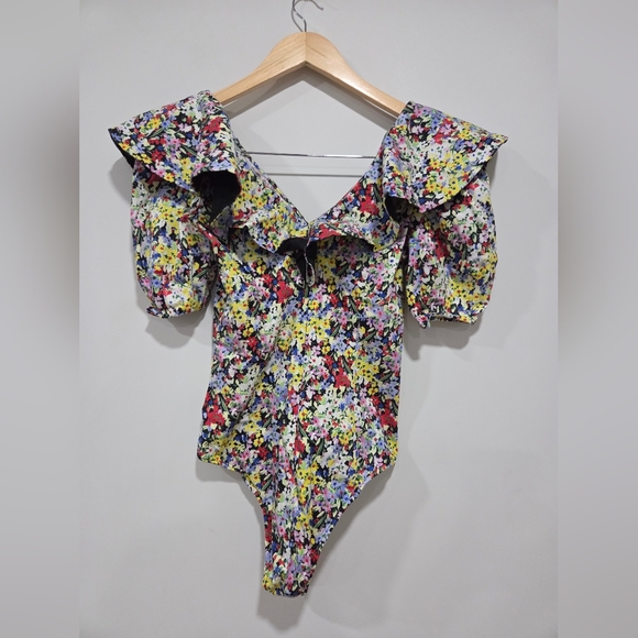 Zara Women's Printed Poplin Floral Ruffle Bodysuit Romantic Feminine Size XS - Picture 3 of 10